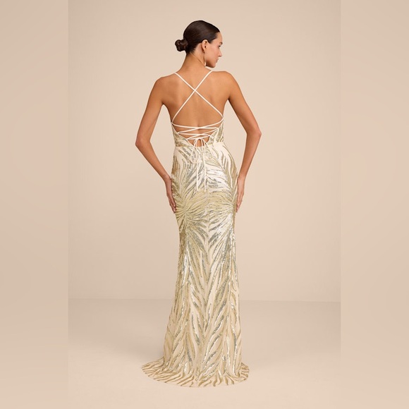 Lulus Sparkle 'til Dawn Gold Sequin Lace-up Mermaid Maxi Dress - Size S - Picture 3 of 4